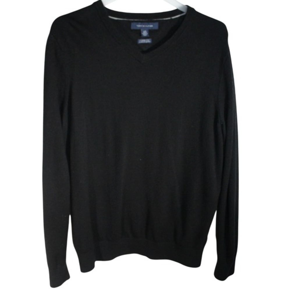 Tommy Hilfiger Mens Black 100% Premium Wool V-Neck Knit Sweater Large L